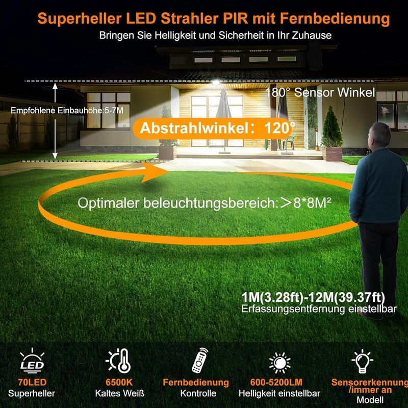 MEIKEE 60W LED Reflektor Mozgásérzékelővel - 5200 Lumen Távirányítós Kültéri Lámpa, IP66 Vízálló, Időzíthető, Fényerő Szabályozható, Fekete