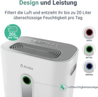 Airalia AIR-DH20 Elektromos Párátlanító 20L/nap - 6,5L Tartály, Tömlős Vízelvezetés, 195m³/óra Légáramlás, 40m² Helyiségekhez 2