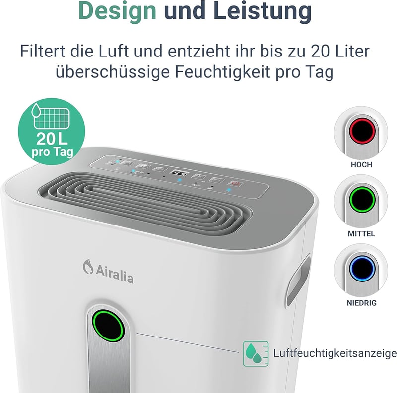 Airalia AIR-DH20 Elektromos Párátlanító 20L/nap - 6,5L Tartály, Tömlős Vízelvezetés, 195m³/óra Légáramlás, 40m² Helyiségekhez