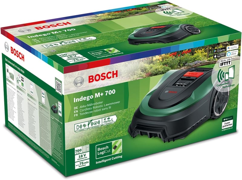 Bosch Indego M+ 700 Robotfűnyíró 18V Akkumulátorral, Applikáció Vezérléssel, 19 cm Vágásszélességgel, 700 m² Területre