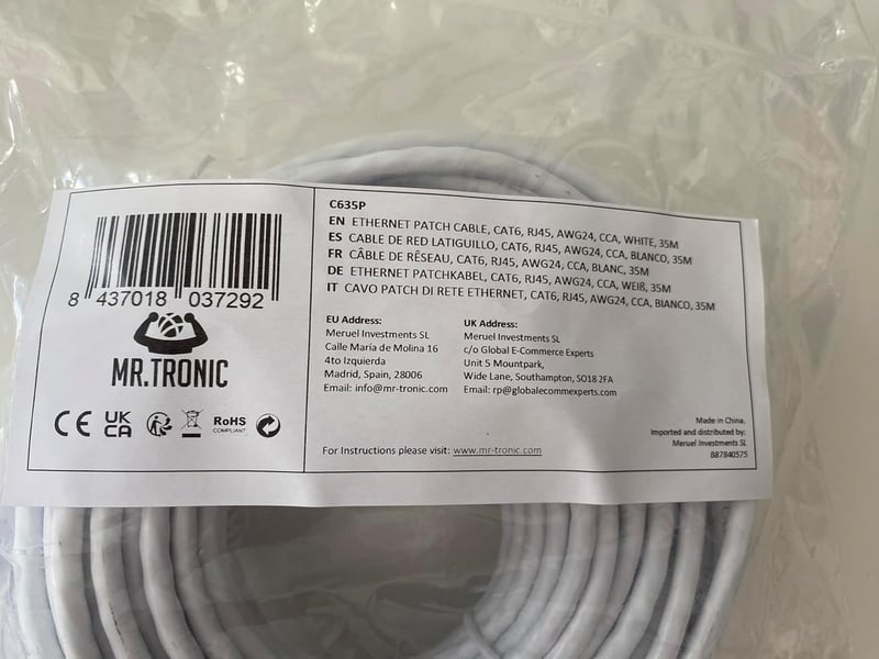 Mr. Tronic 35m-es Cat6 Ethernet kábel, gyors internethez, fehér