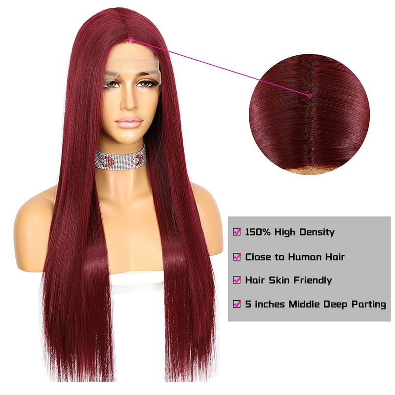 Sapphirewigs Bordó Hosszú Egyenes Paróka Nőknek - 60cm, Hőálló Szintetikus