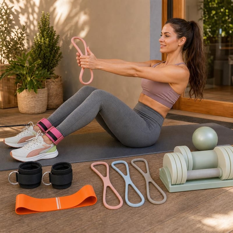 Štartovací balík na cvičenie: 2x popruh + expander + 3x guma + 15kg činka + pilates kruh a lopta