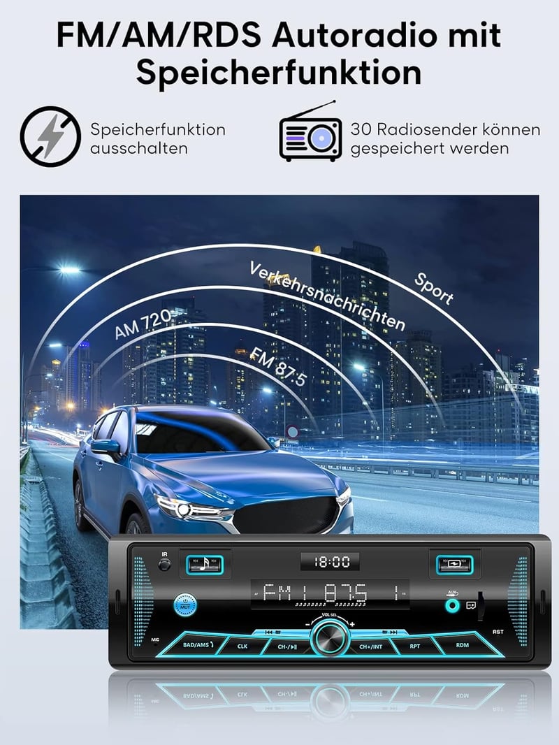 CAR Bluetooth autórádió 7 színű LCD kijelzővel, 4x65W, FM/AM/USB/AUX