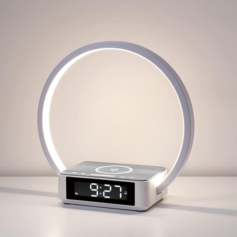 WILIT LED éjjeli lámpa 10W vezeték nélküli töltővel, ébresztő funkcióval, 3 fényerőszinttel - szürke