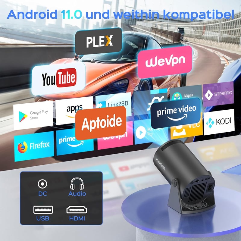 Mentech Mini Projektor 180° Forgatható, Android TV 11.0, 1080P Támogatás, WiFi 6, Bluetooth, 150 Colos Vetítés, Automatikus Korrekció