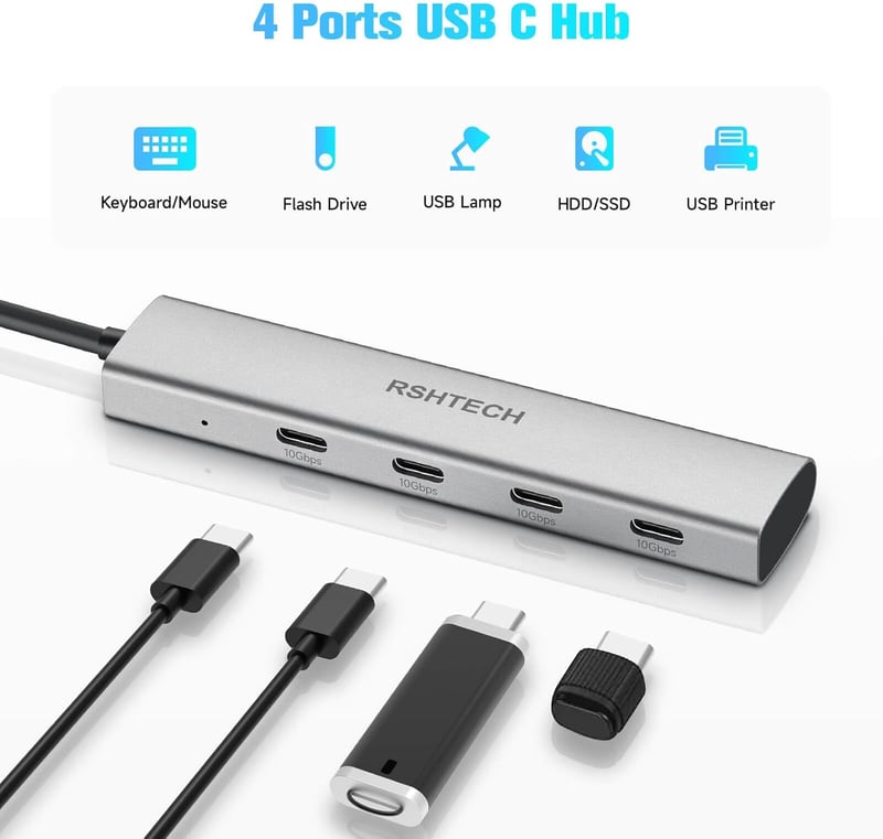 RSHTECH 10Gbps USB-C Hub 4 portos, MacBook Pro/Air M1/M2 kompatibilis, ultravékony alumínium adapter