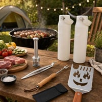 Grillparti csomag: tűzcsipesz + grillvilla + 5 az 1-ben grilllapát + húspuhító + 2 db termoszpalack 1