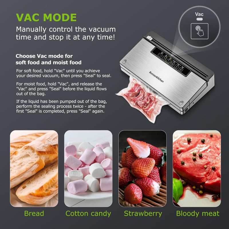 Bonsenkitchen VS3000 Vákuumfóliázó 5 Üzemmóddal - Beépített Vágóval, 130W Nagy Teljesítmény, Folyamatos Működés, 10 Zacskóval és 1 Tekerccse