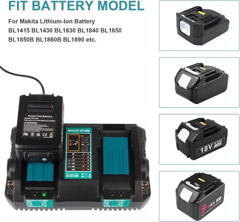 Makita 14,4V-18V akkumulátor gyorstöltő, dupla portos, EU csatlakozó