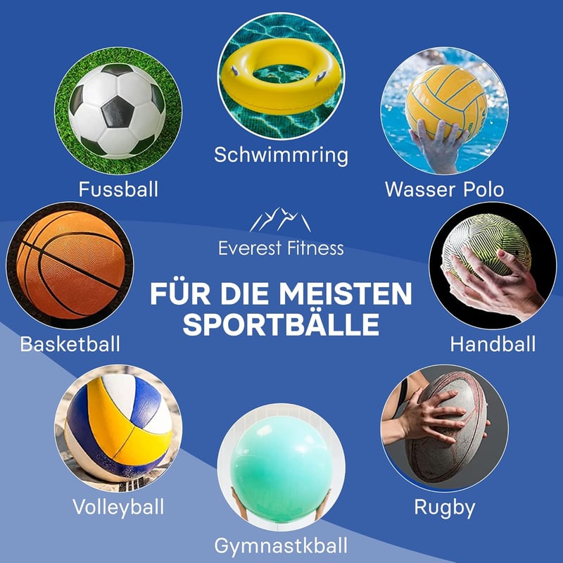 EVEREST FITNESS Labdapumpa 30 cm - Kézi Pumpa Futball, Kosárlabda, Röplabda és Kerékpár Felfújásához, 2 Tűvel és Levehető Csővel, 100g