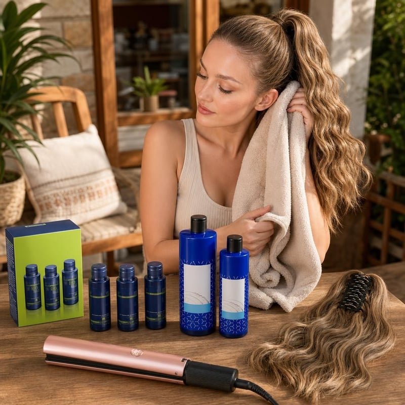 Set pre dokonalý styling: bio vyhladzovač + žehlička 2v1 + uterák + príčesok + 1x sada, 1x žehlička, 1x uterák