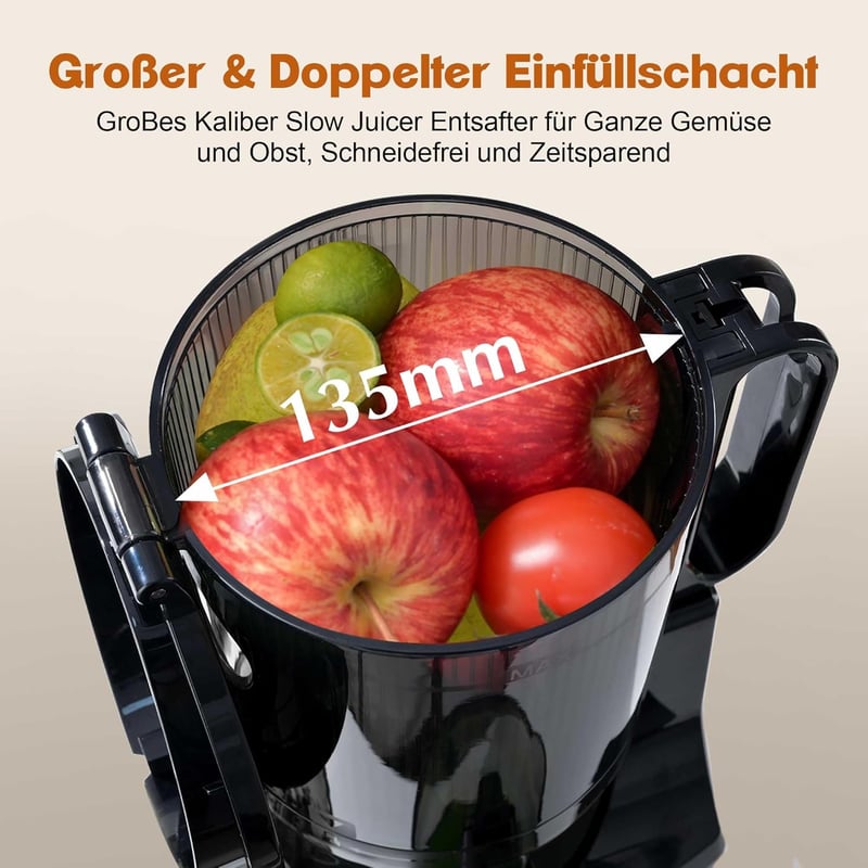 Fretta Slow Juicer 250W Gyümölcs- és Zöldségprés - Rozsdamentes Acél Hidegprés 135mm Széles Adagolónyílással, Visszaforgató Funkcióval, BPA-