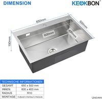 KEOKBON 65x50cm Kézzel készített rozsdamentes acél mosogató csapteleppel 2