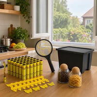 Pachet Anti-Insecte: 60 capcane + 2 plase + paletă electrică + cutie 44L + 2 borcane 1