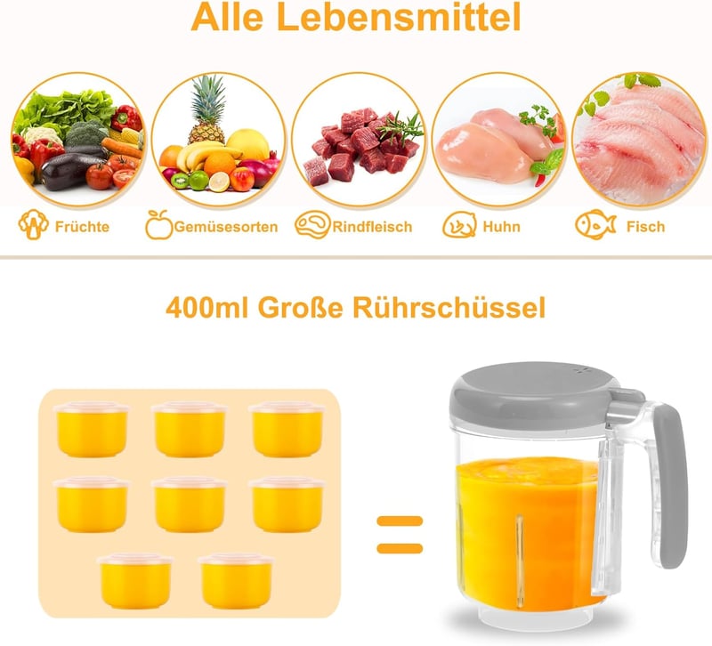 BEAR Bébiétel Készítő - Automata Párolás és Aprítás, 400ml Tritan Edény, BPA-mentes, Öntisztító Funkció, Bébiétel Főző Fehér Színben - White