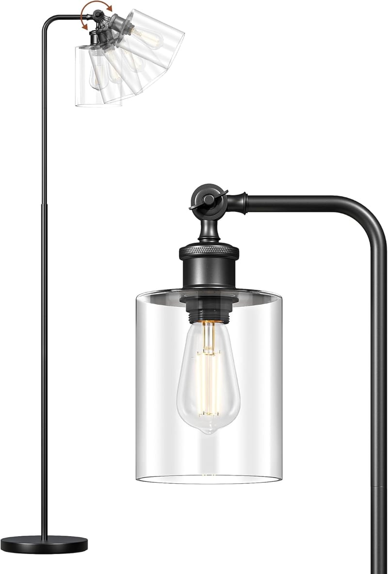 EDISHINE Állólámpa Forgatható Üveg Búrával - Fekete Ipari Padlólámpa Lábkapcsolóval, E27 Foglalattal, 6W LED Izzóval Nappaliba, Dolgozószobá