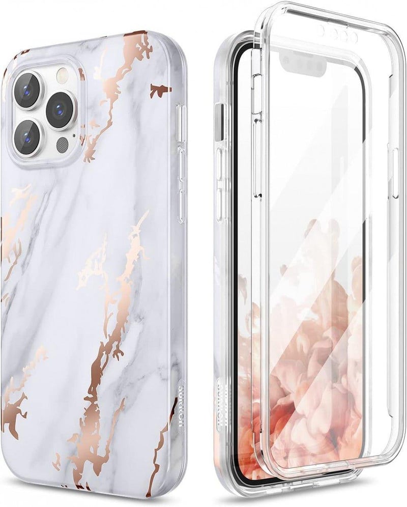 Apple iPhone 13 Pro Márványmintás Szilikon Tok Beépített Képernyővédővel - Fehér-Arany
