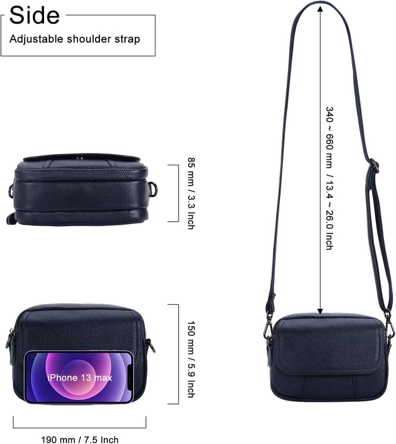 HAWEE Női Valódi Bőr Telefontartó Táska - Kék Elegáns Válltáska 3 Cipzárral, Állítható Pánttal, Mobiltartó Kis Méretű Crossbody

AI: I've cr