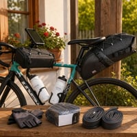 Cyklistický záchranný balík: 2x fľaša + 2x duša + podsedlová a riadidlová taška + držiak + rukavice 1