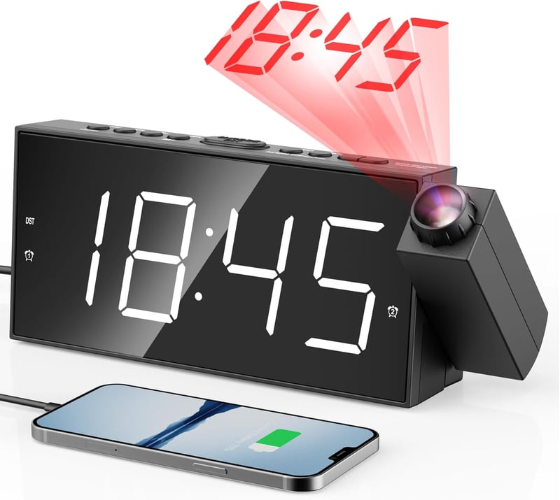 Digitális Projektoros Ébresztőóra 7" LED Kijelzővel - Fényerőszabályzás, 180° Forgatható Projektor, USB Töltő, Szundi Funkció, Tartalék Elem