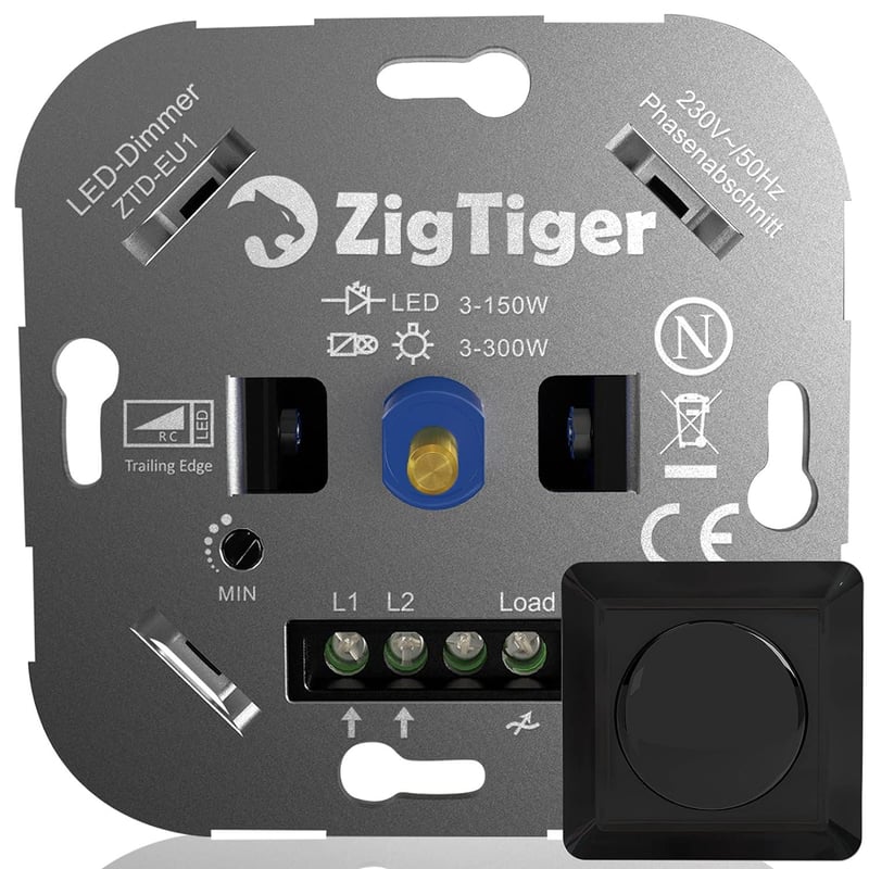 Zigtiger Fekete LED és Halogén Dimmer Kapcsoló