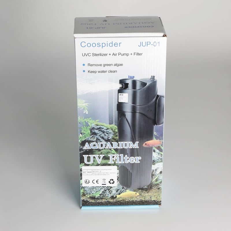 BootyBay JUP-01 UV Akvárium Szűrő 150-300 Literes Medencékhez, 800L/h Belső Vízszűrő Pumpa Zöld Alga Eltávolítóval, 9W UV Lámpával és 2 Póts