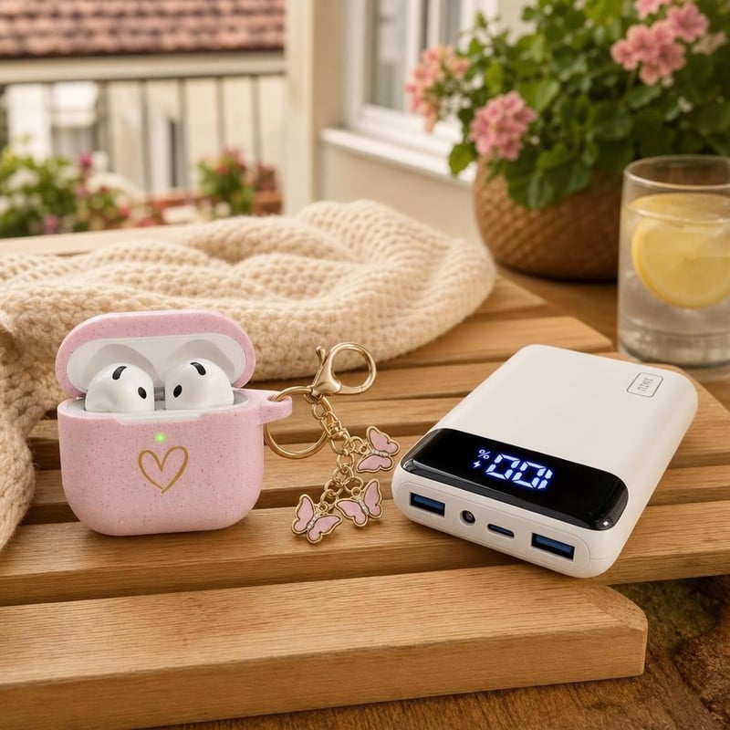 Hudobný balíček na cesty: 1x silikónový obal na AirPods 4 + 1x 20 000 mAh powerbanka s LED