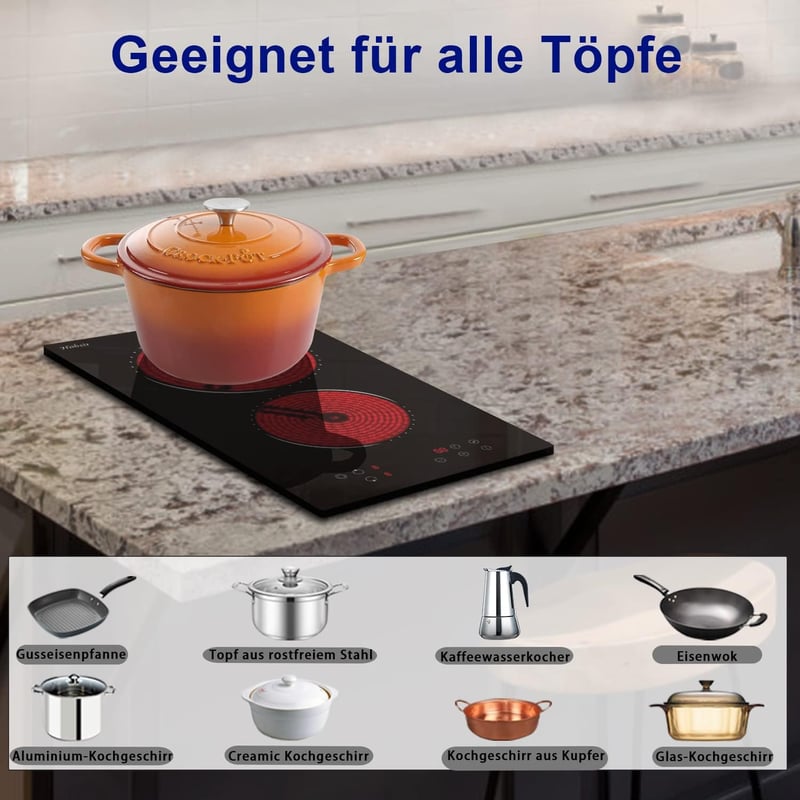 Hobsir 2 zónás beépíthető üvegkerámia főzőlap 30 cm, 3200 W, érintésvezérlés