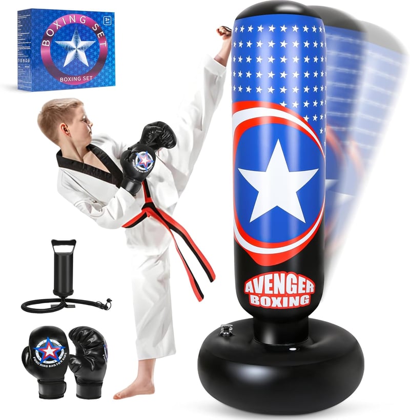 YasinKidz Felfújható Boxzsák Gyerekeknek 168 cm - Álló Edzőzsák Bokszkesztyűvel Edzéshez, Karatéhoz, Taekwondóhoz, MMA-hoz és Stresszoldásho - Black