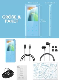 AGPTEK 32GB MP3 Lejátszó Bluetooth 5.0 - 2,4" Színes Kijelző, Beépített Hangszóró, 128GB-ig Bővíthető (Kék) 7