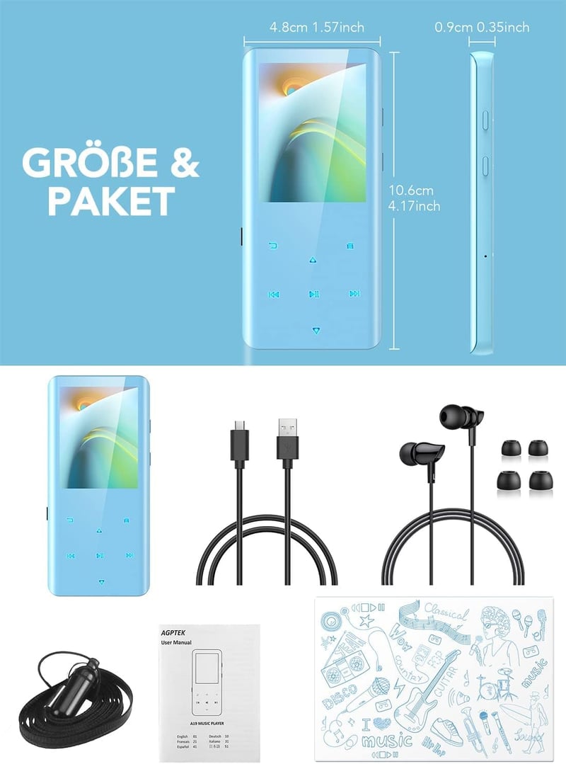 AGPTEK 32GB MP3 Lejátszó Bluetooth 5.0 - 2,4" Színes Kijelző, Beépített Hangszóró, 128GB-ig Bővíthető (Kék)