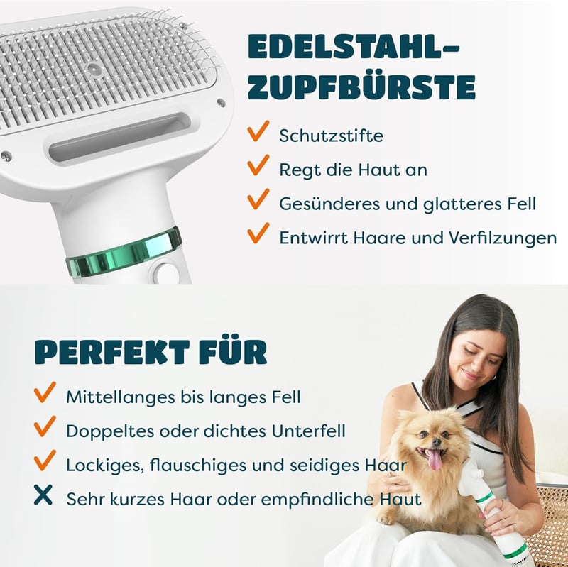 KUUBIA 2 az 1-ben Kutyaszárító és Öntisztító Kefe - 300W Kisállat Hajszárító Kis és Közepes Kutyáknak, Macskáknak, Állítható Hőmérséklettel