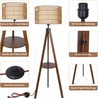 Rayofly Fa Állólámpa Polccal - Rattan és Len Lámpaernyős Tripod Boho Lámpa Nappali, Hálószoba és Iroda Számára - Lábkapcsolóval, Vintage Diz 6