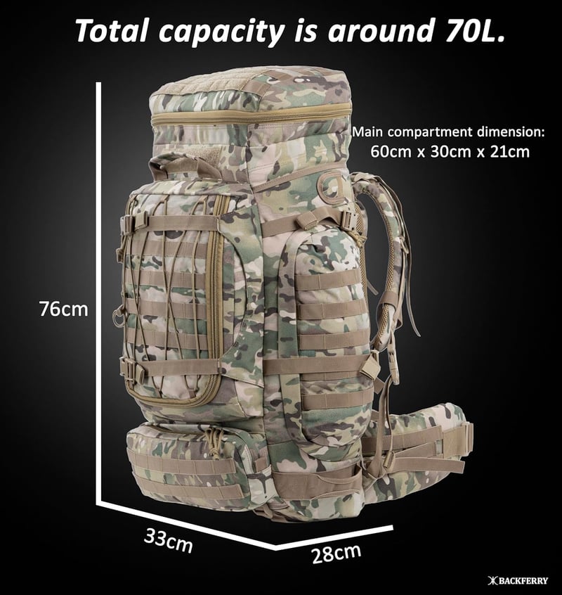 BACKFERRY Nagy Katonai Hátizsák 80L - Taktikai Túrazsák Terepszínű Kivitelben - Kemping, Túrázás, Bushcraft Kalandokhoz - Unisex Hátizsák