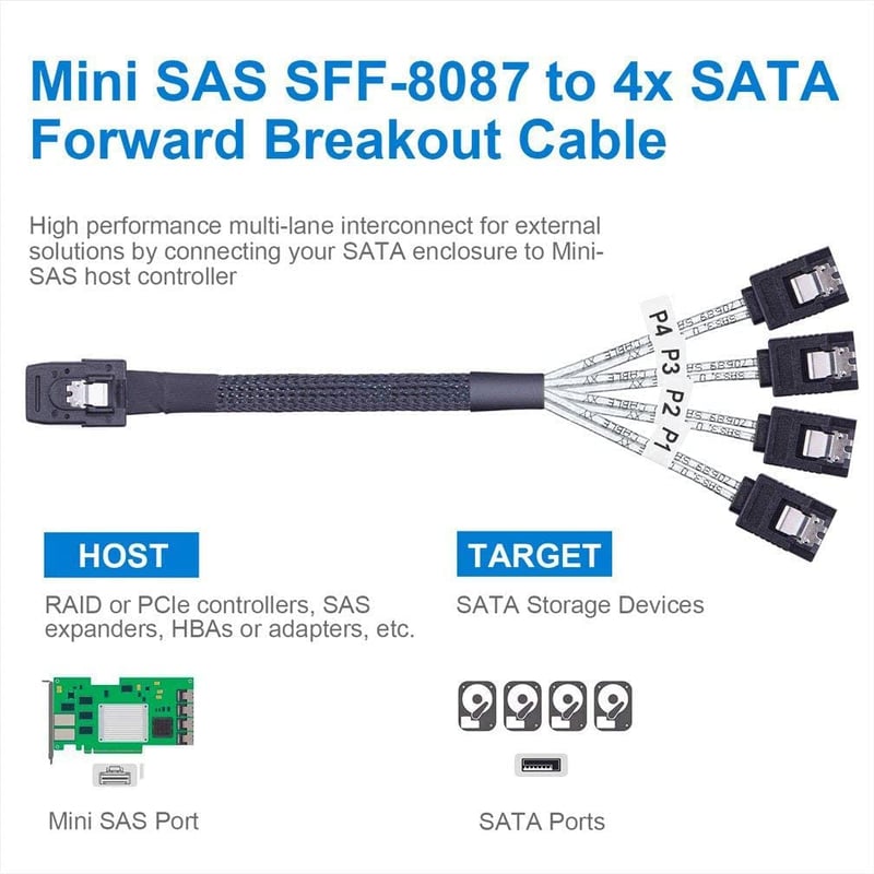 Mini SAS - 4x SATA átalakító kábel, 6G, 0,5m, SFF-8087 - adattároló összekötő