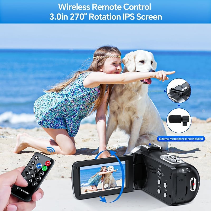 CAMWORLD 4K Videókamera 42MP Felbontással - Vloggoláshoz, YouTube-hoz, 18X Digitális Zoom, 3" Forgatható Kijelző, 2 Akkumulátor, 32GB Kártya