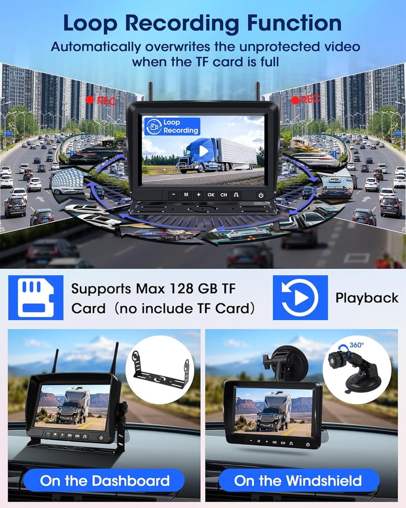 Vezeték nélküli tolatókamera 7" monitorral - Napelemes, mágneses, 9600 mAh akkumulátor, 1080P éjjellátó, autóhoz, lakókocsihoz, teherautóhoz