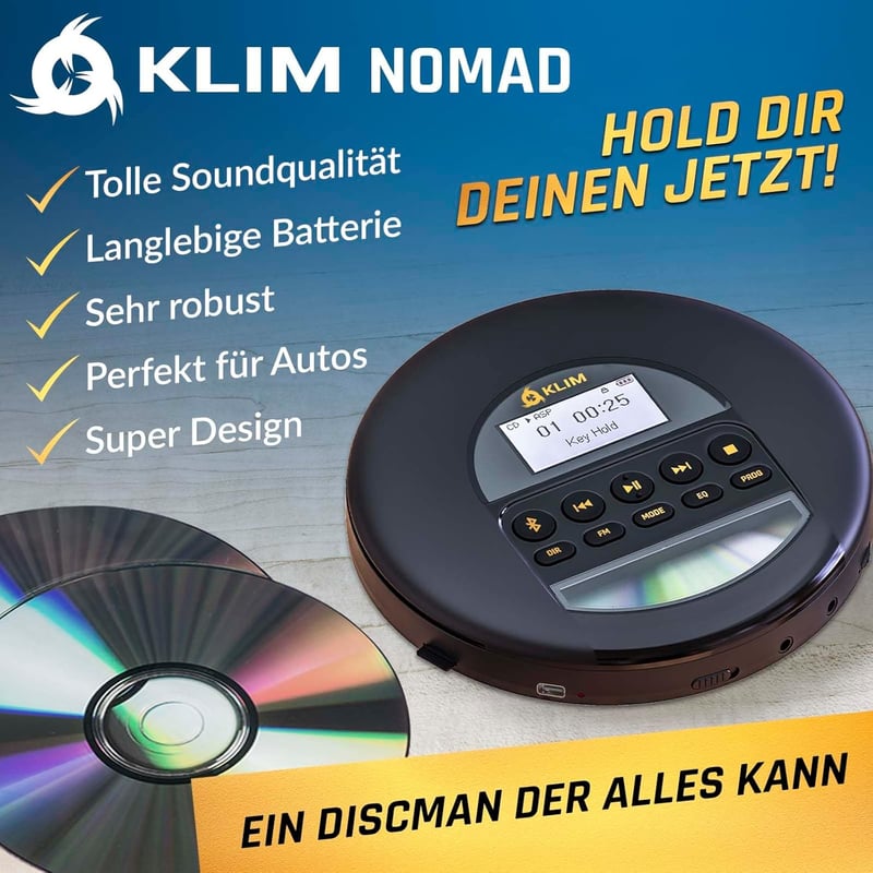 KLIM Nomad Hordozható CD Lejátszó Bluetooth - Hosszú Üzemidejű Akkumulátor, Fejhallgatóval, CD-R/RW/MP3 Támogatás, TF Kártyaolvasó, FM Rádió