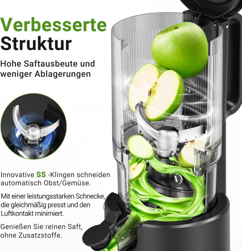 AOBOSI Slow Juicer 126 mm Extra Széles Adagolónyílással - Egész Gyümölcsök Préselésére, Erőteljes Motorral, Hármas Szűrőrendszerrel, Fekete