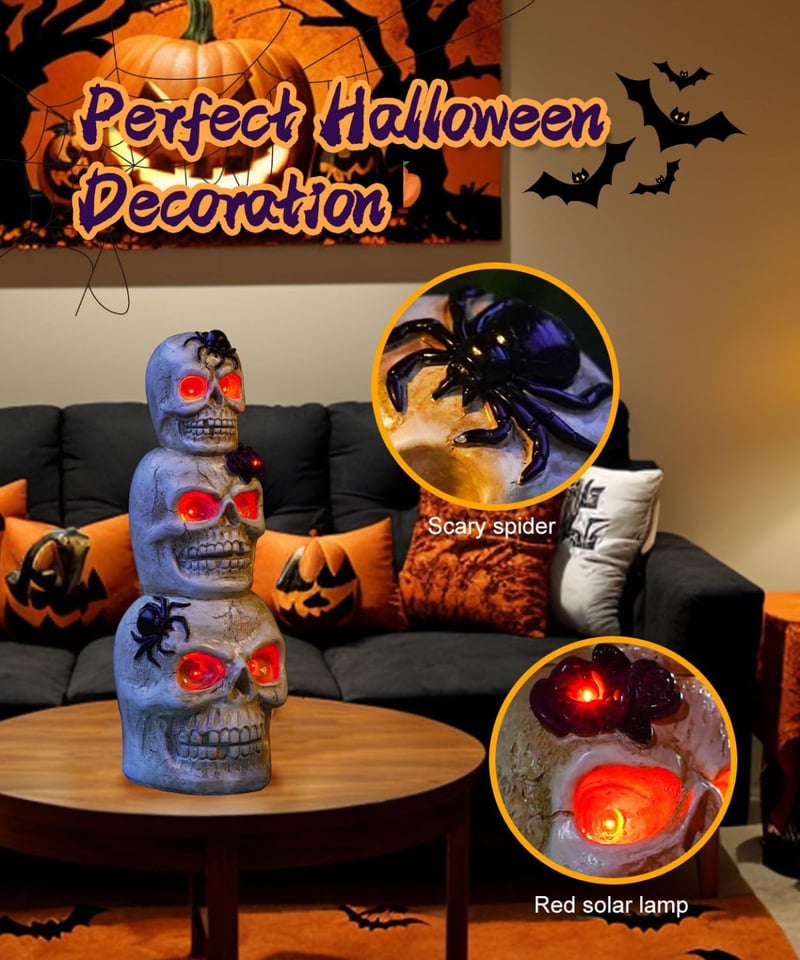 Yeomoo Napelemes Koponya Halloween Dekoráció - Kültéri/Beltéri Világító Koponya Pókhálóval - Kerti, Parti, Asztali Dísz Ajándék Fehér
