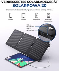 BigBlue Solarpowa 20W ETFE Összehajtható Napelemes Töltő, USB-A és USB-C Csatlakozóval, IP65 Vízálló, Állvánnyal, Mobiltelefon és Tablet Kom 2