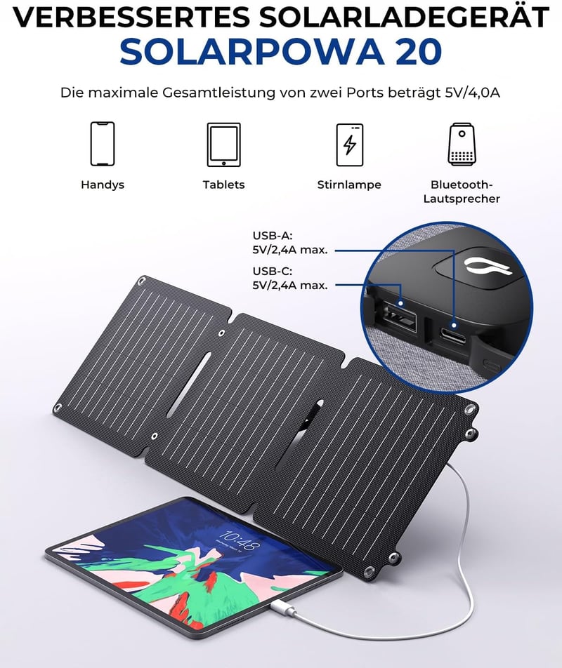 BigBlue Solarpowa 20W ETFE Összehajtható Napelemes Töltő, USB-A és USB-C Csatlakozóval, IP65 Vízálló, Állvánnyal, Mobiltelefon és Tablet Kom