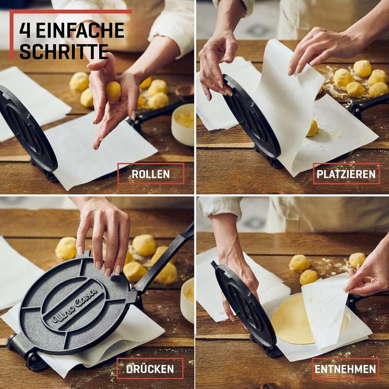 Uno Casa 20 cm-es Mexikói Tortillaprés - Előkezelt Öntöttvas Taco és Quesadilla Készítő 100 db Sütőpapírral