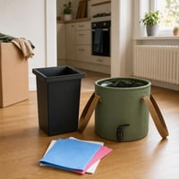 Sada na upratovanie pri sťahovaní: 8l kôš + skladacie vedro s kohútikom + 4x čistiaca utierka 1