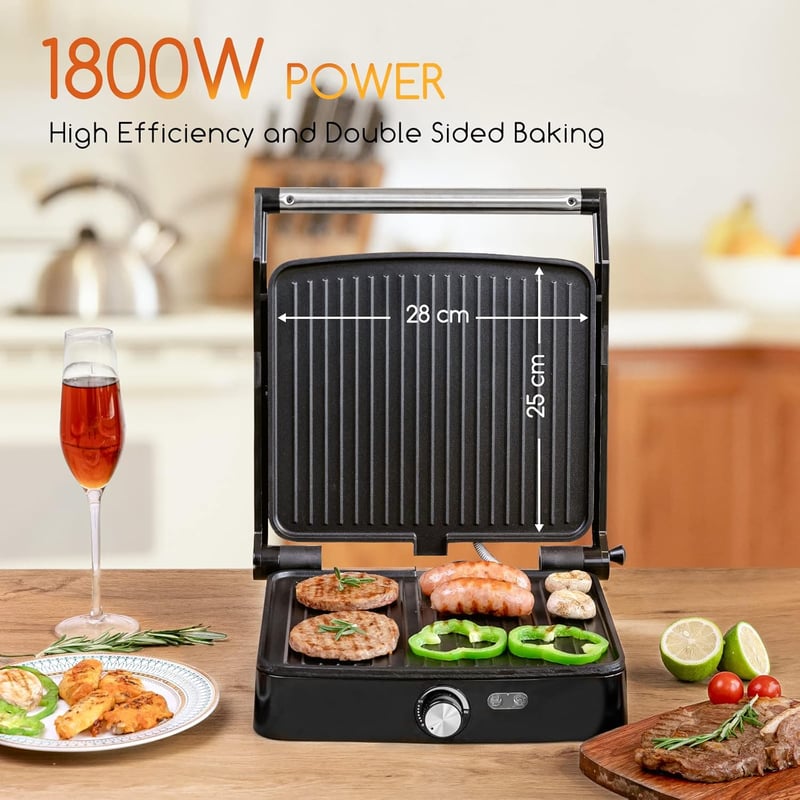 Aigostar 1500 W elektromos kontakt grill panini és szendvics sütő, ezüst színű asztali grillserpenyő