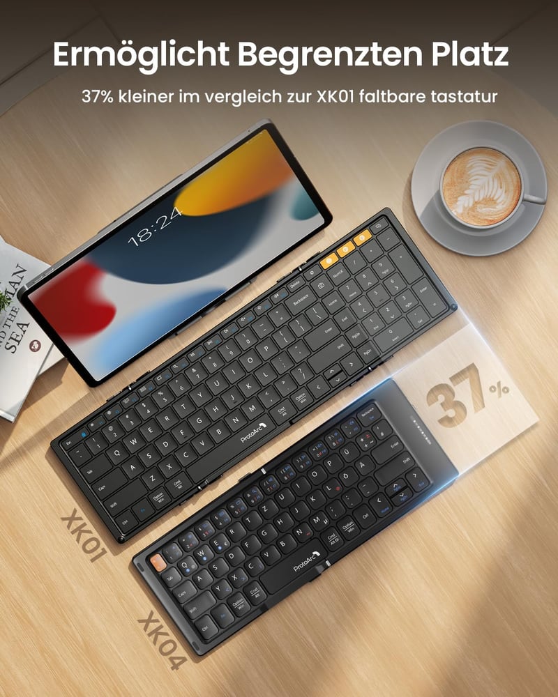 ProtoArc XK04 Összecsukható Kompakt QWERTZ Bluetooth Billentyűzet PU Bőrtokkal - Hordozható Mini Utazó Klaviatúra iPad iPhone Mac Android Wi