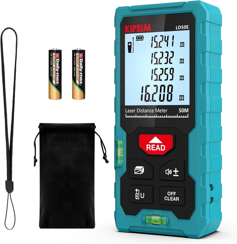 Kiprim LD50E Lézeres Távolságmérő 50m - Nagy Pontosságú, LCD Kijelzős, Vízszintezős
