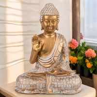 MIJOMA Arany-Fehér Vintage Buddha Szobor 21 cm Méretben Polirezinből, Mécses Tartóval - Spirituális Lakásdekoráció, Elegáns Ajándék 2