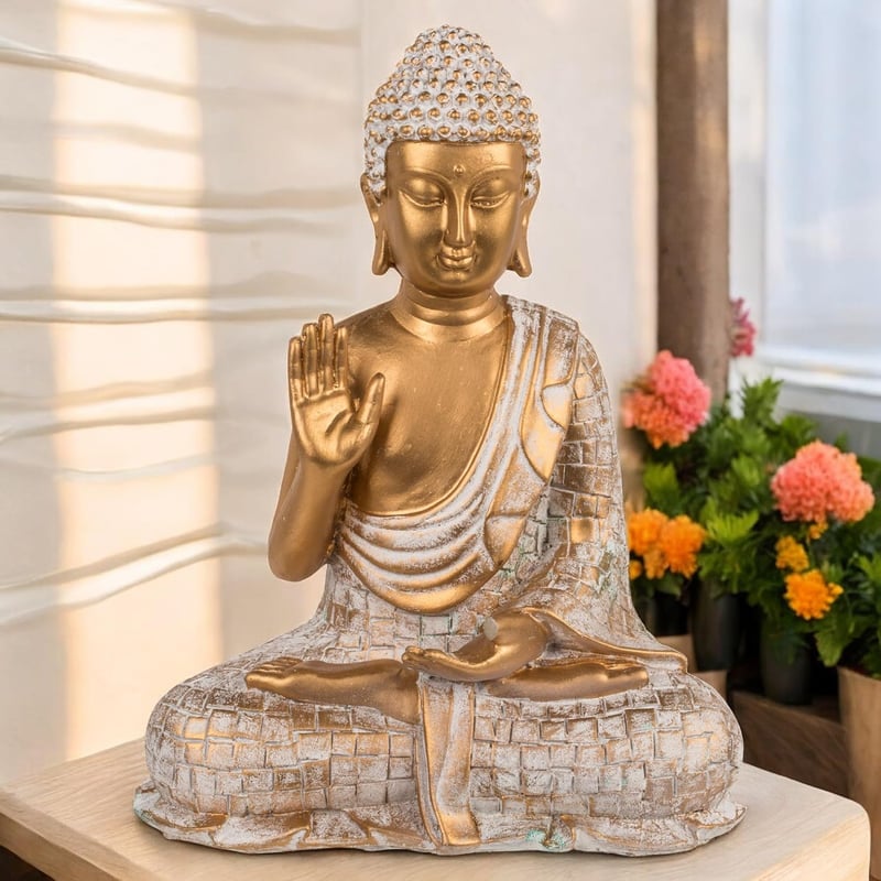 MIJOMA Arany-Fehér Vintage Buddha Szobor 21 cm Méretben Polirezinből, Mécses Tartóval - Spirituális Lakásdekoráció, Elegáns Ajándék